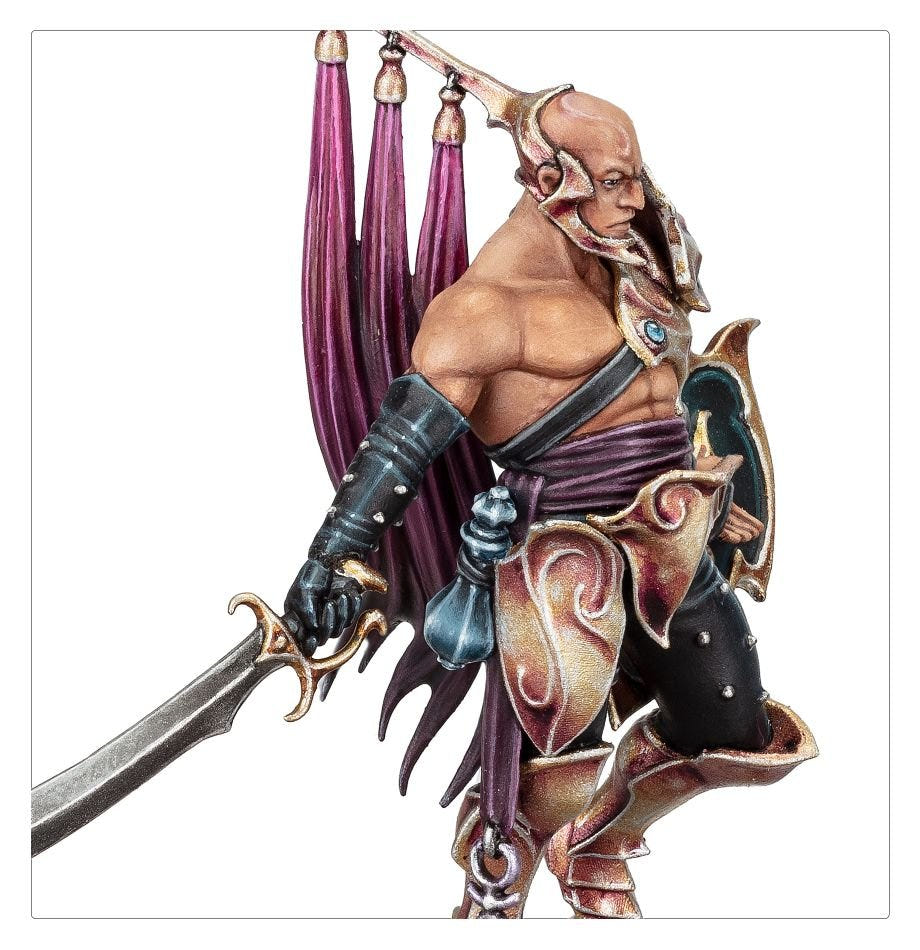 Close-up of the painted Lord of Hubris's face, pink armour, purple plume and curved sword