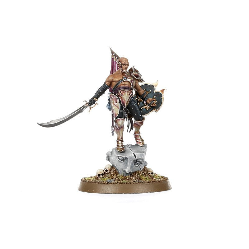 Hedonites of Slaanesh Lord of Hubris painted miniature, smaller full-length view on its base
