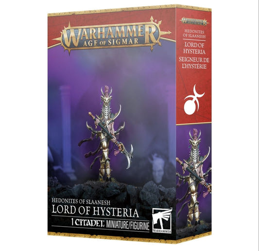 Warhammer Age of Sigmar game box with a fantasy figure on a purple background