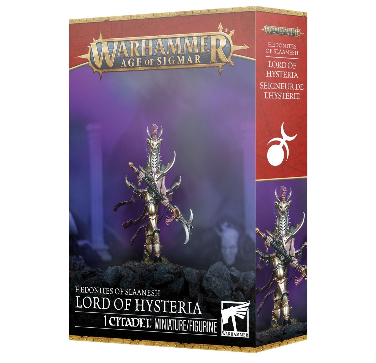 Warhammer Age of Sigmar game box with a fantasy figure on a purple background