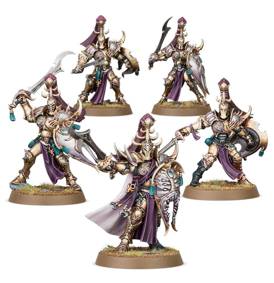 Five painted Hedonites of Slaanesh Myrmidesh Painbringers in purple and gold with curved blades and shields
