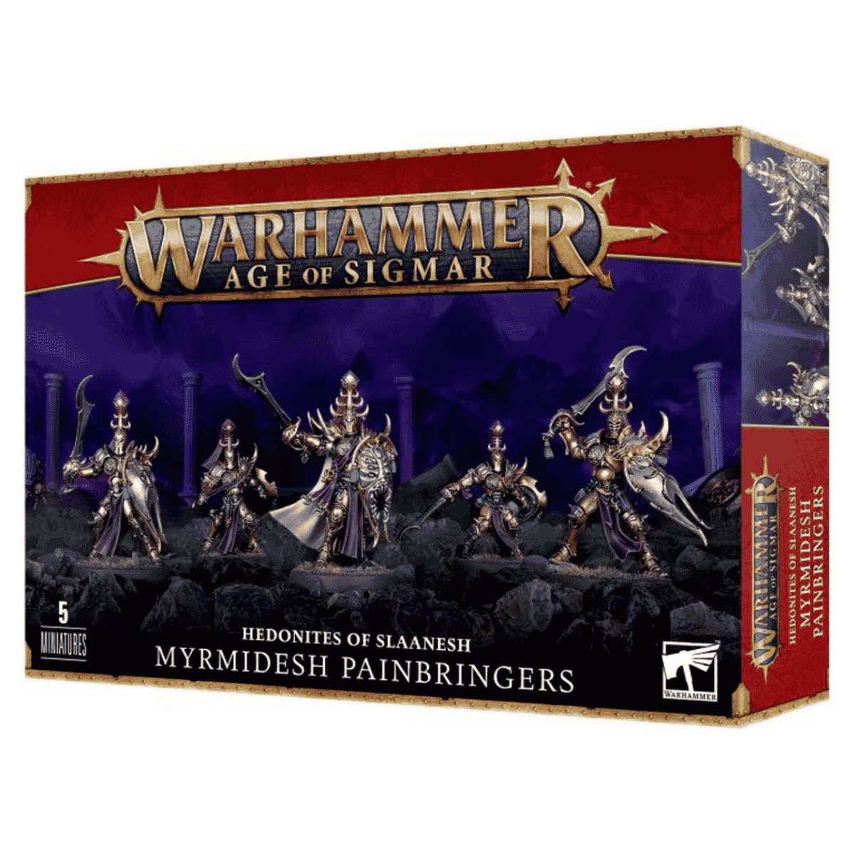 Games Workshop Hedonites of Slaanesh Myrmidesh Painbringers box front showing five painted warriors
