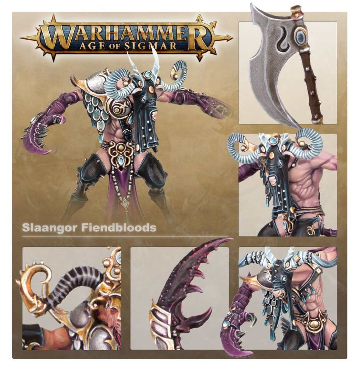 Slaangor Fiendbloods showcase panel with close-ups of the painted axe, horned heads and curved claws
