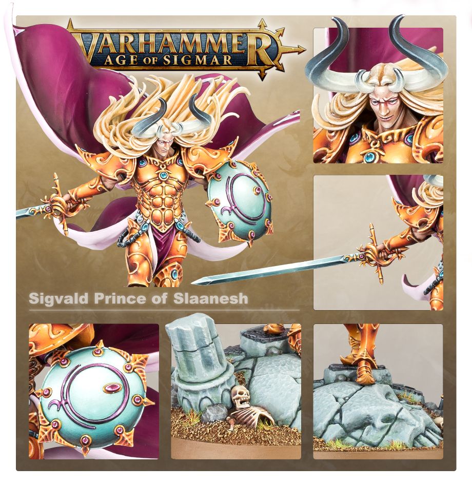 Sigvald Prince of Slaanesh painted model with close-ups of face, shield and base