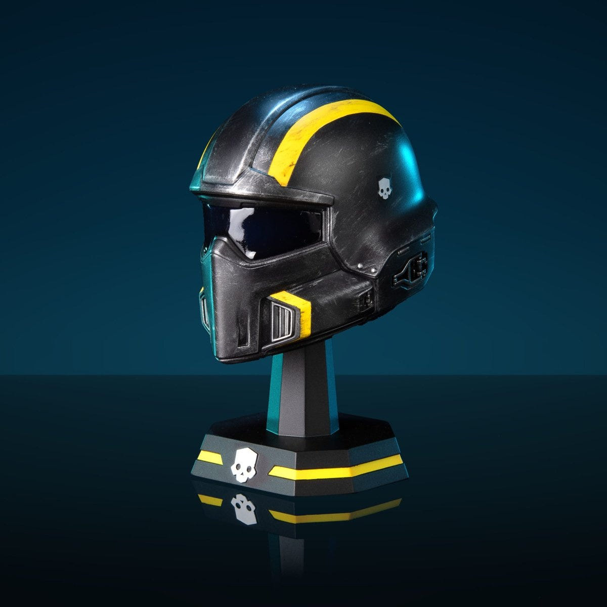 Helldivers 2 B-01 Tactical Helmet replica lit in blue on a reflective surface