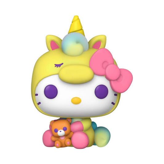 Funko Pop! Sanrio Hello Kitty vinyl figure in a yellow unicorn costume holding a teddy bear