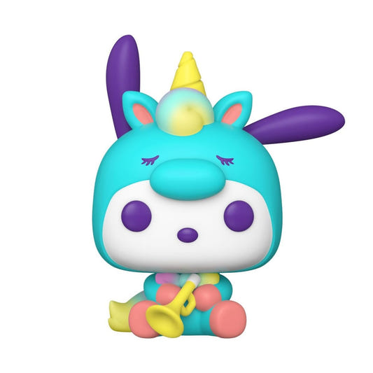 Funko Pop! Sanrio Pochacco vinyl figure in a pastel unicorn costume, front view out of the box