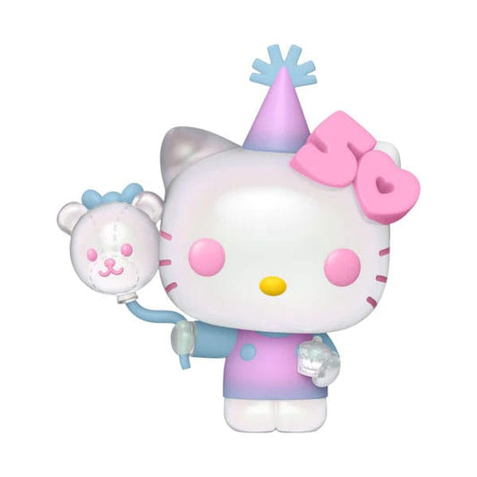 Funko Pop! Sanrio Hello Kitty in pearlescent finish and party hat holding balloons