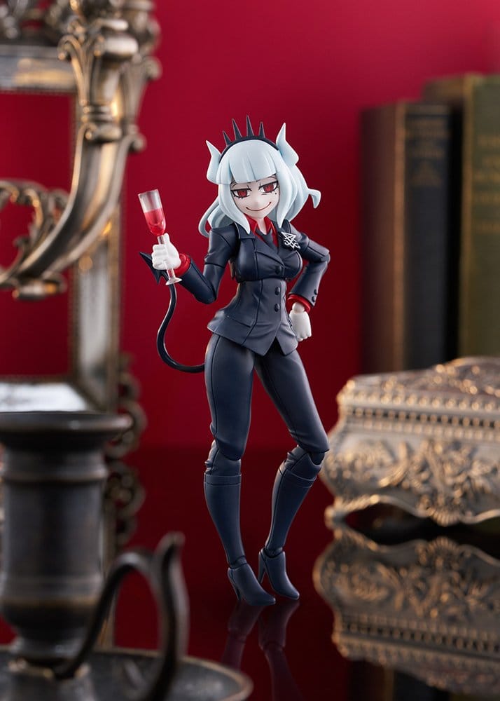 figma Lucifer from Helltaker holding a wine glass beside candlesticks and old books