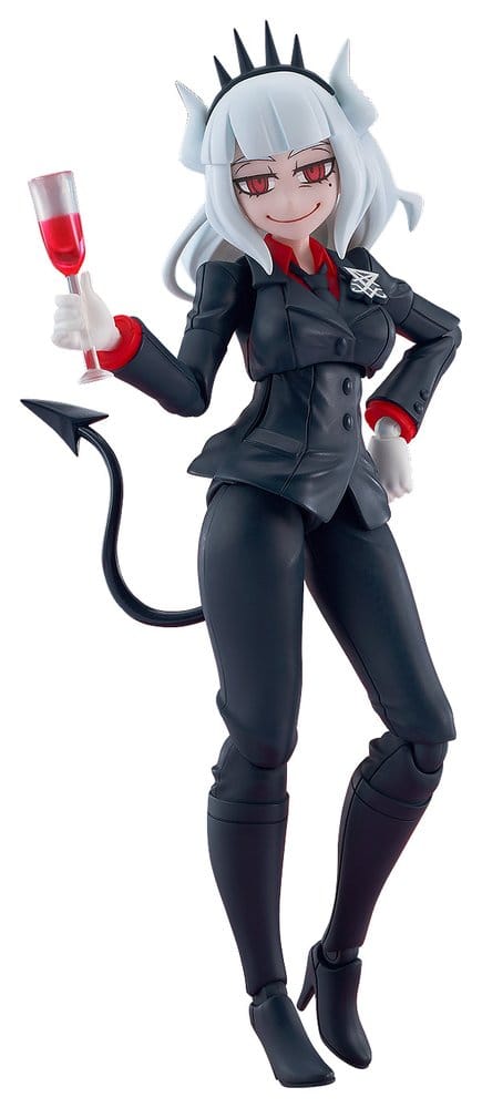 figma Lucifer from Helltaker in her black suit raising a glass of red wine, on white
