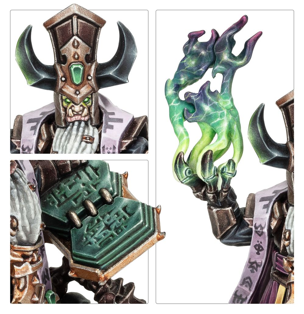 Close-ups of the painted Daemonsmith's horned headdress, book and green daemonfire