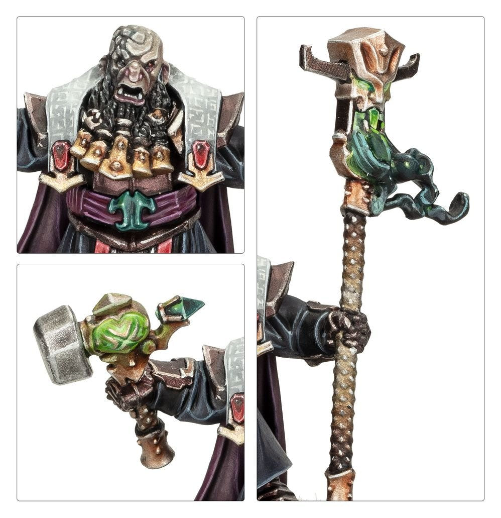 Close-ups of the painted Ashen Elder's face, hammer and ornate staff
