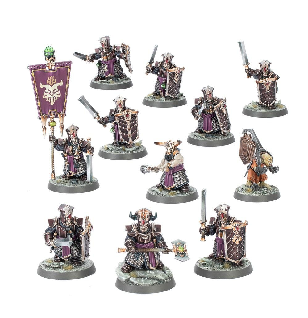 Painted Helsmiths of Hashut Infernal Cohort built with blades, shields and banner