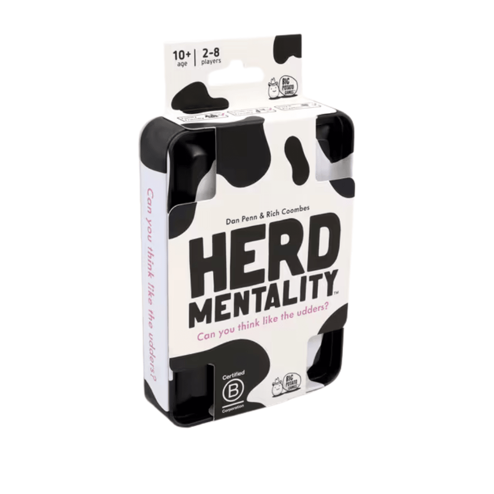 Herd Mentality travel edition cow-print tin by Big Potato Games, front view