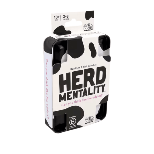 Herd Mentality travel edition cow-print tin by Big Potato Games, front view