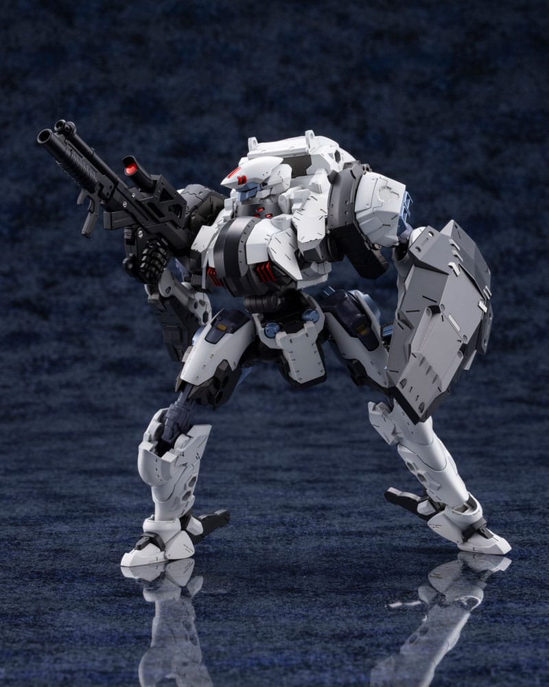 Hexa Gear Bulkarm Osteon standing with carbine and shield, three-quarter view