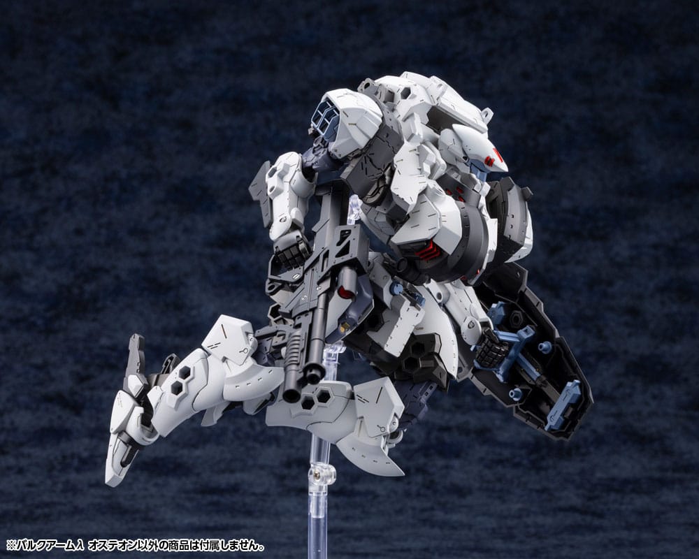 Hexa Gear Bulkarm Osteon mid-leap with carbine on a clear stand