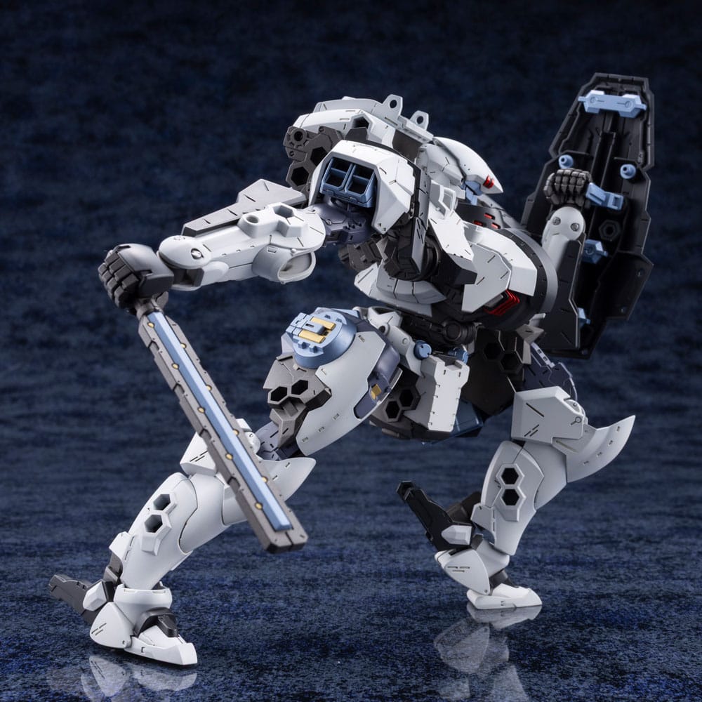 Hexa Gear Bulkarm Osteon in a combat stance swinging a baton, shield on back