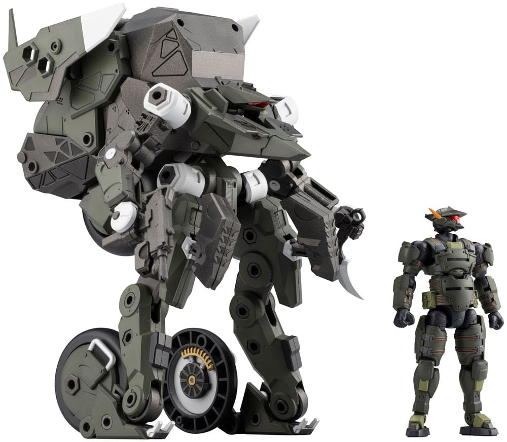 Kotobukiya Hexa Gear Definition Armor VT1 in humanoid mode beside its green Governor pilot
