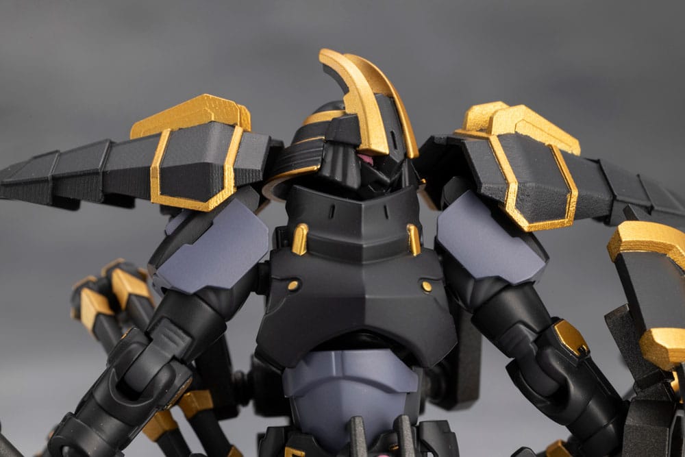 Close-up of Para-Pawn Enclosure black and gold helmet, shoulders and chest armour