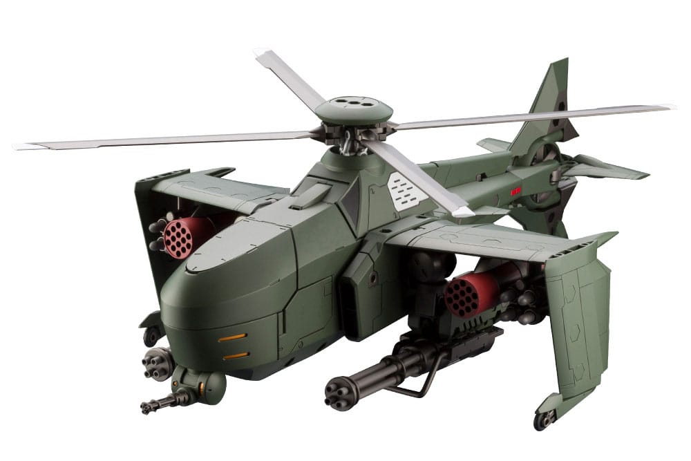 Kotobukiya Hexa Gear Steelrain in green rotary-wing aircraft mode with rotor and gatling guns