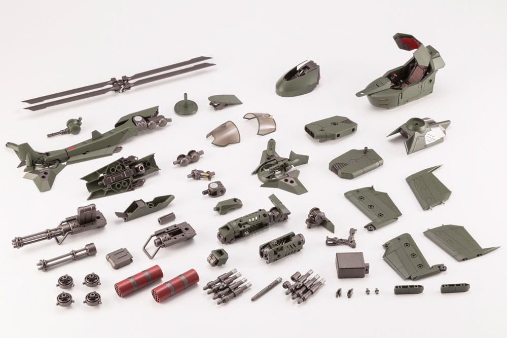 Hexa Gear Steelrain kit parts laid out, including rotor blades, cockpit and weapons