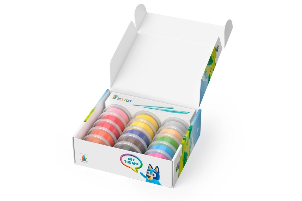 Hey Clay Bluey & Friends box open showing the coloured clay cans and sculpting tool