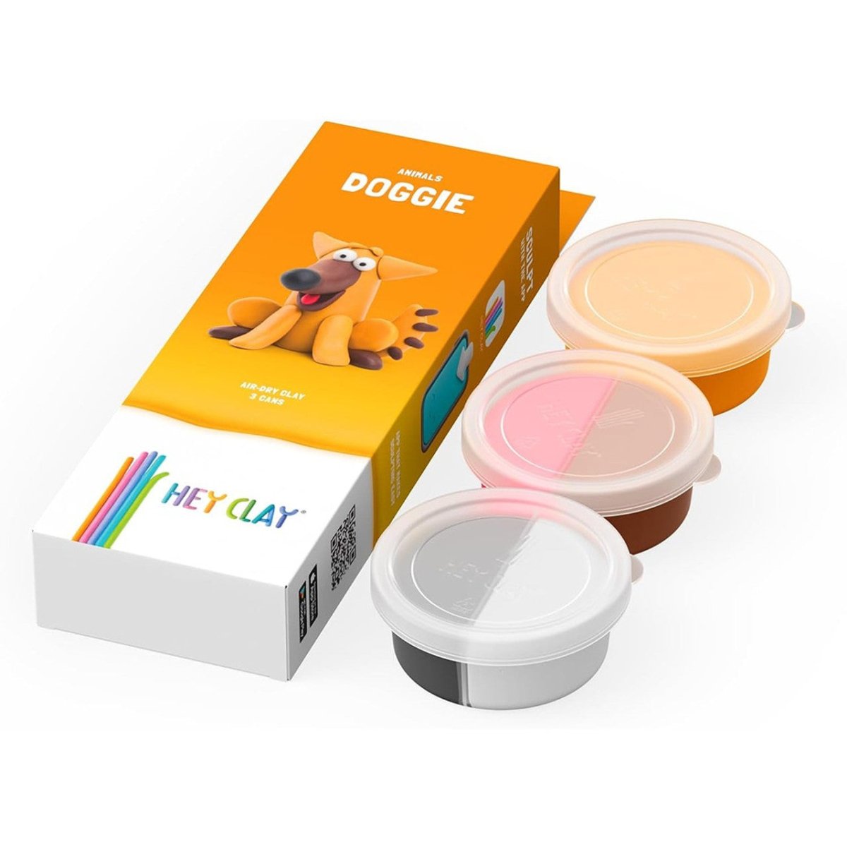 Hey Clay Doggie kit box with three open cans of coloured air-dry modelling clay