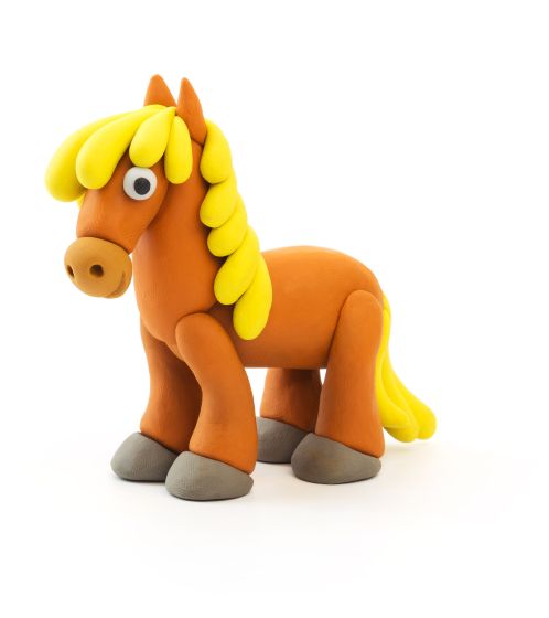 Finished Hey Clay horse model sculpted from orange clay with a yellow mane and grey hooves