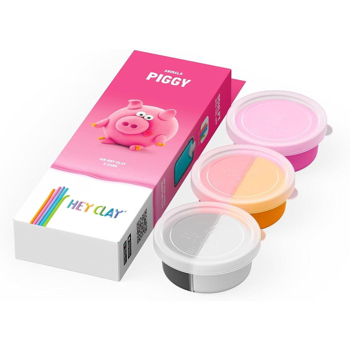 Hey Clay Piggy box with its three open cans of pink, orange, white and black air-dry clay