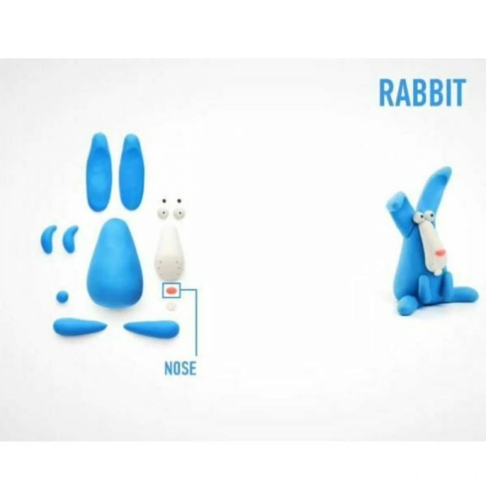 Hey Clay Rabbit parts laid out beside the finished figure, showing ears, body, face and nose