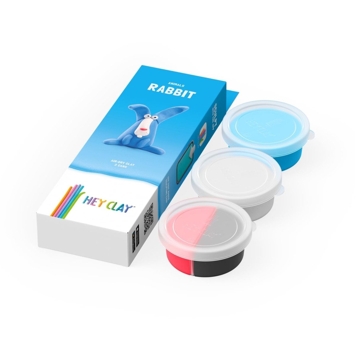 Hey Clay Rabbit set box with its three cans of blue, white and red and black air-dry clay