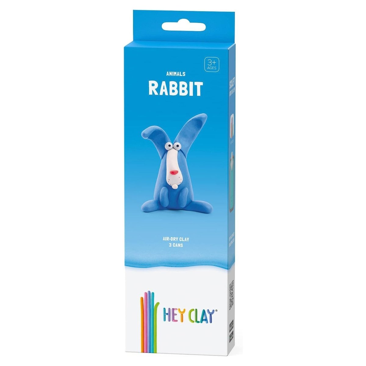 Hey Clay Claymates Animals Rabbit box, front showing the finished blue clay rabbit