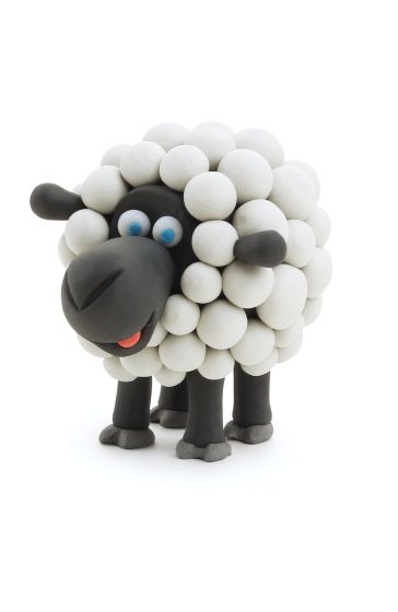 Finished Hey Clay sheep model made from white clay balls with a black face