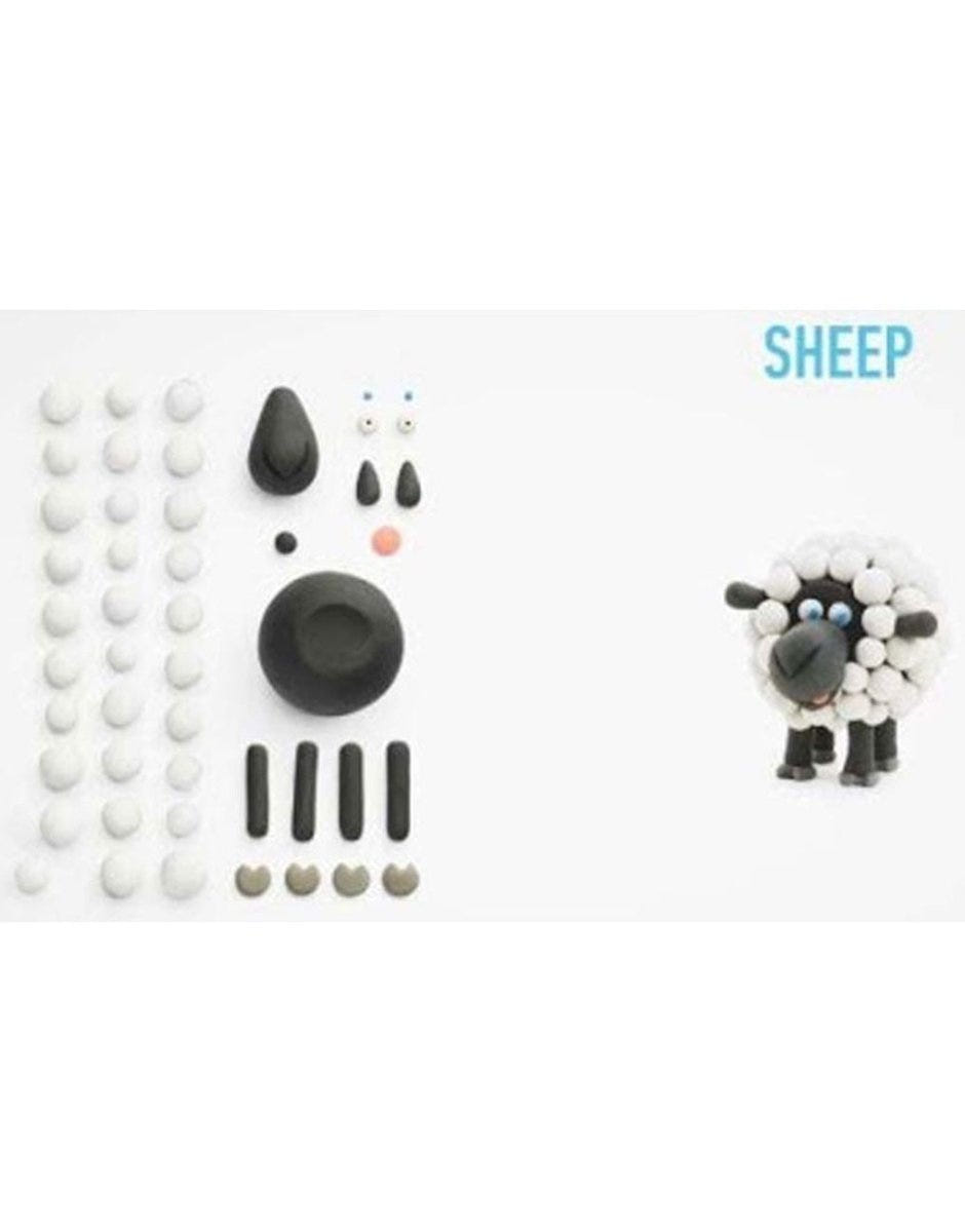 Hey Clay Sheep clay pieces laid out ready to assemble beside the finished sheep