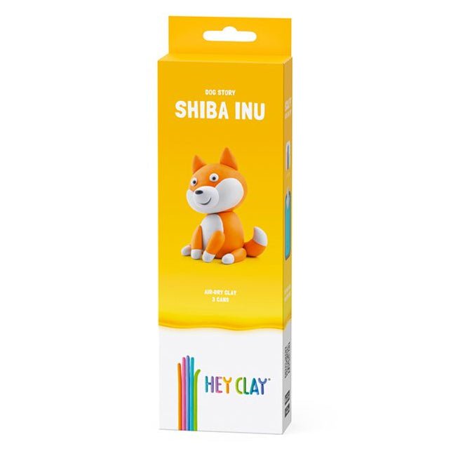 Hey Clay Dog Story Shiba Inu box front showing the finished orange clay Shiba Inu