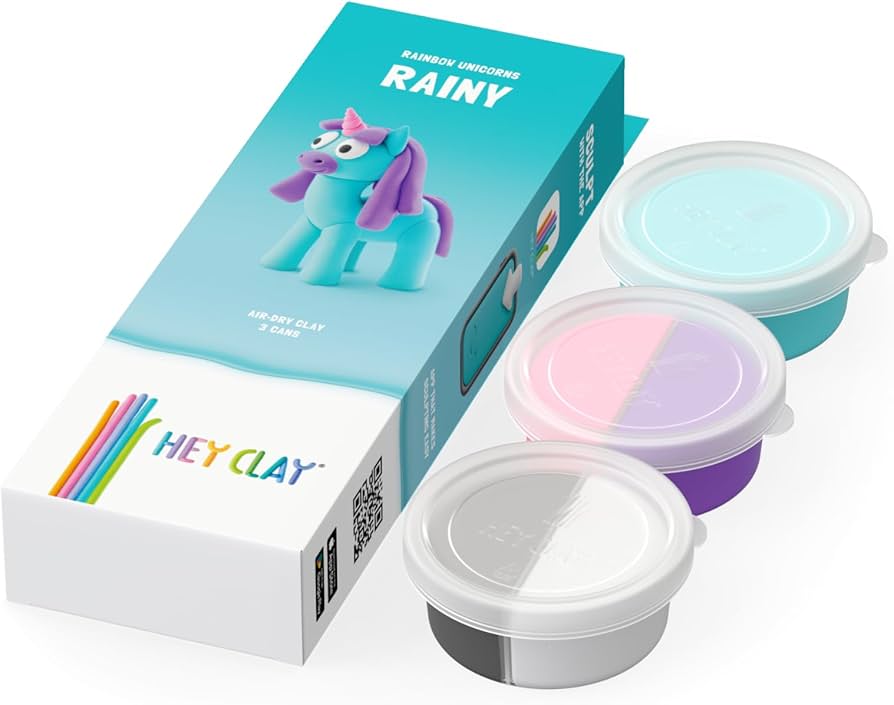 Hey Clay Rainy unicorn kit box with three open cans of air-dry modelling clay