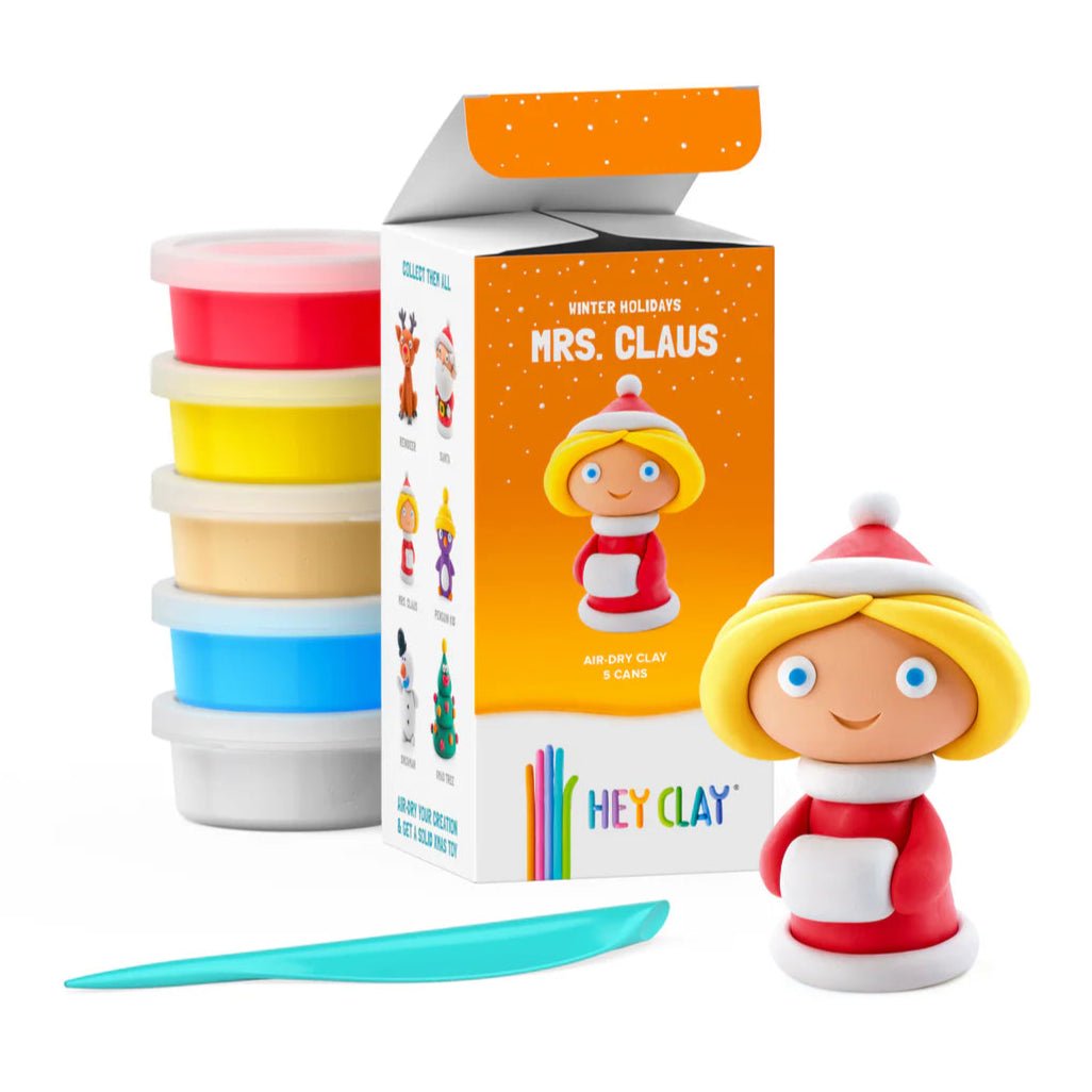 Hey Clay Winter Holidays Mrs Claus kit with five clay cans, tool, box and finished model