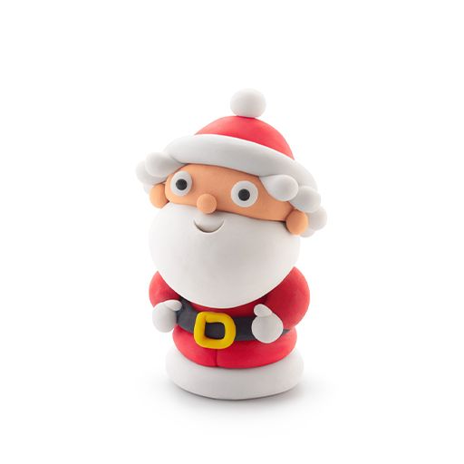 Finished Hey Clay Santa figure made from soft clay, with red suit, white beard and gold belt buckle