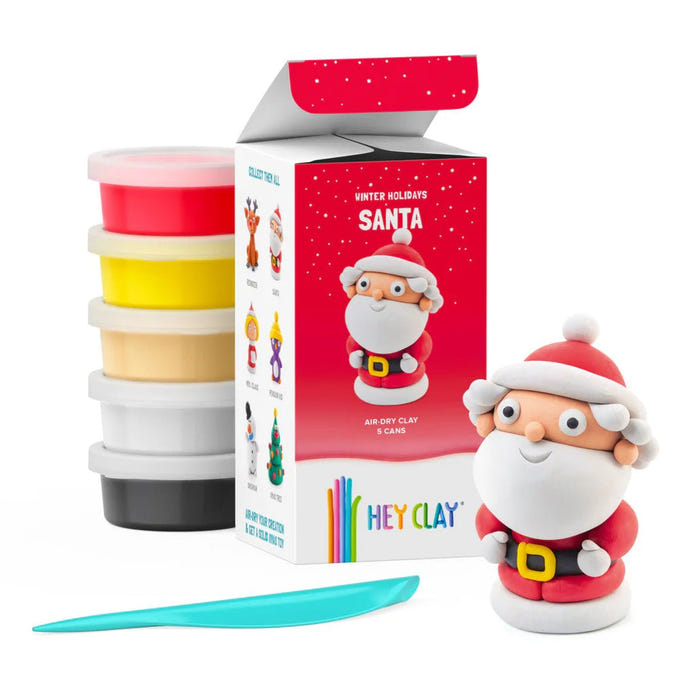Hey Clay Winter Holidays Santa box with five cans of red, yellow, white and black clay, modelling tool and finished Santa