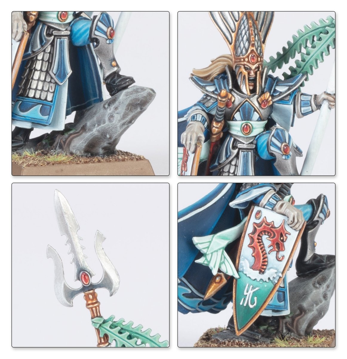 Close-ups of the painted High Elf Lord: tall helm, spear, rock base and dragon shield