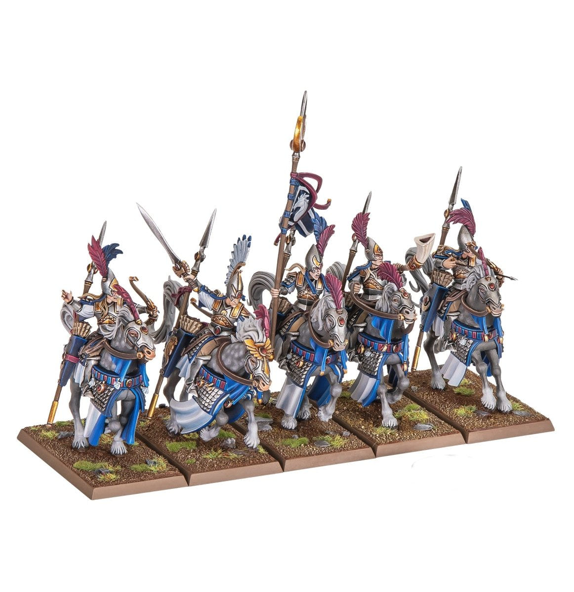 Painted Ellyrian Reavers High Elf light cavalry with spears and banner, Warhammer: The Old World