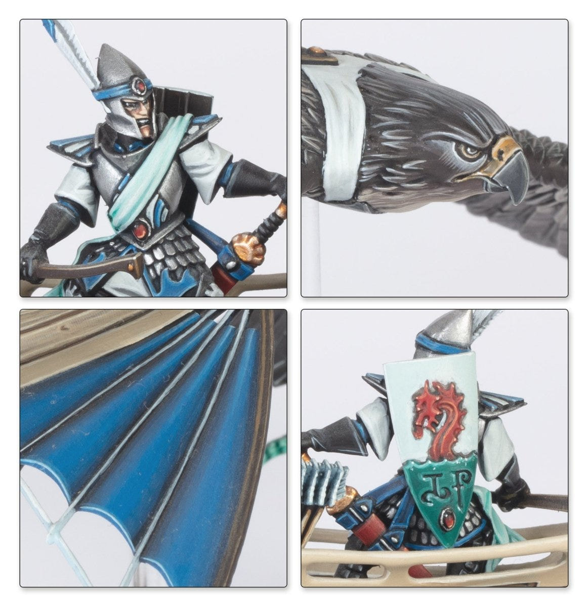 Close-ups of the painted Lothern Skycutter crew, eagle head and wings, and dragon shield