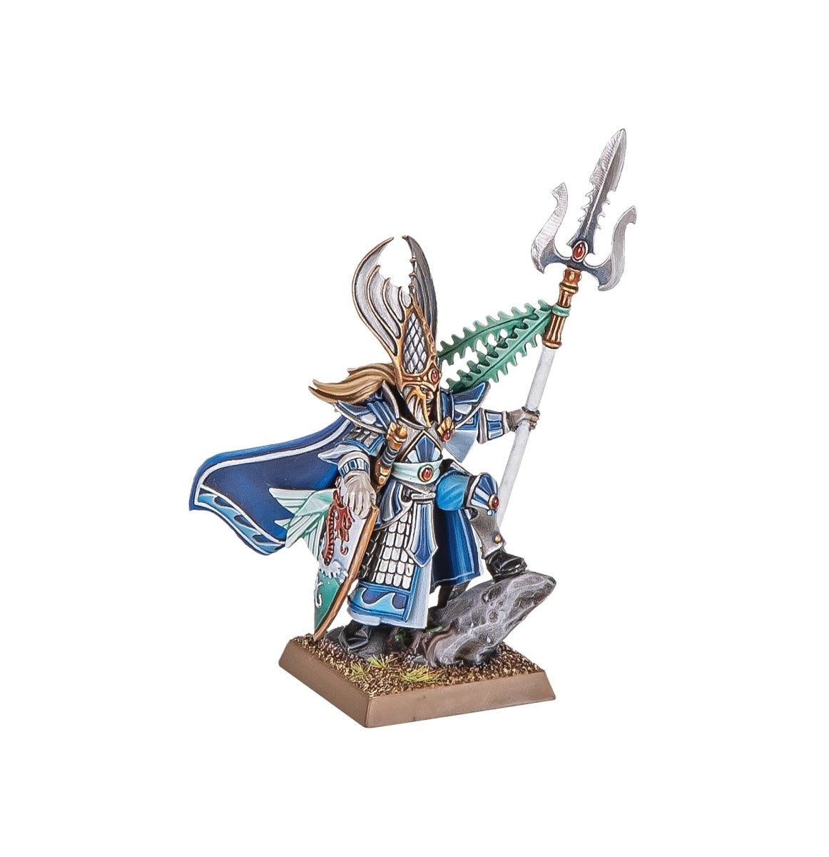 Painted High Elf Lord in blue and silver armour with a spear and flowing cloak