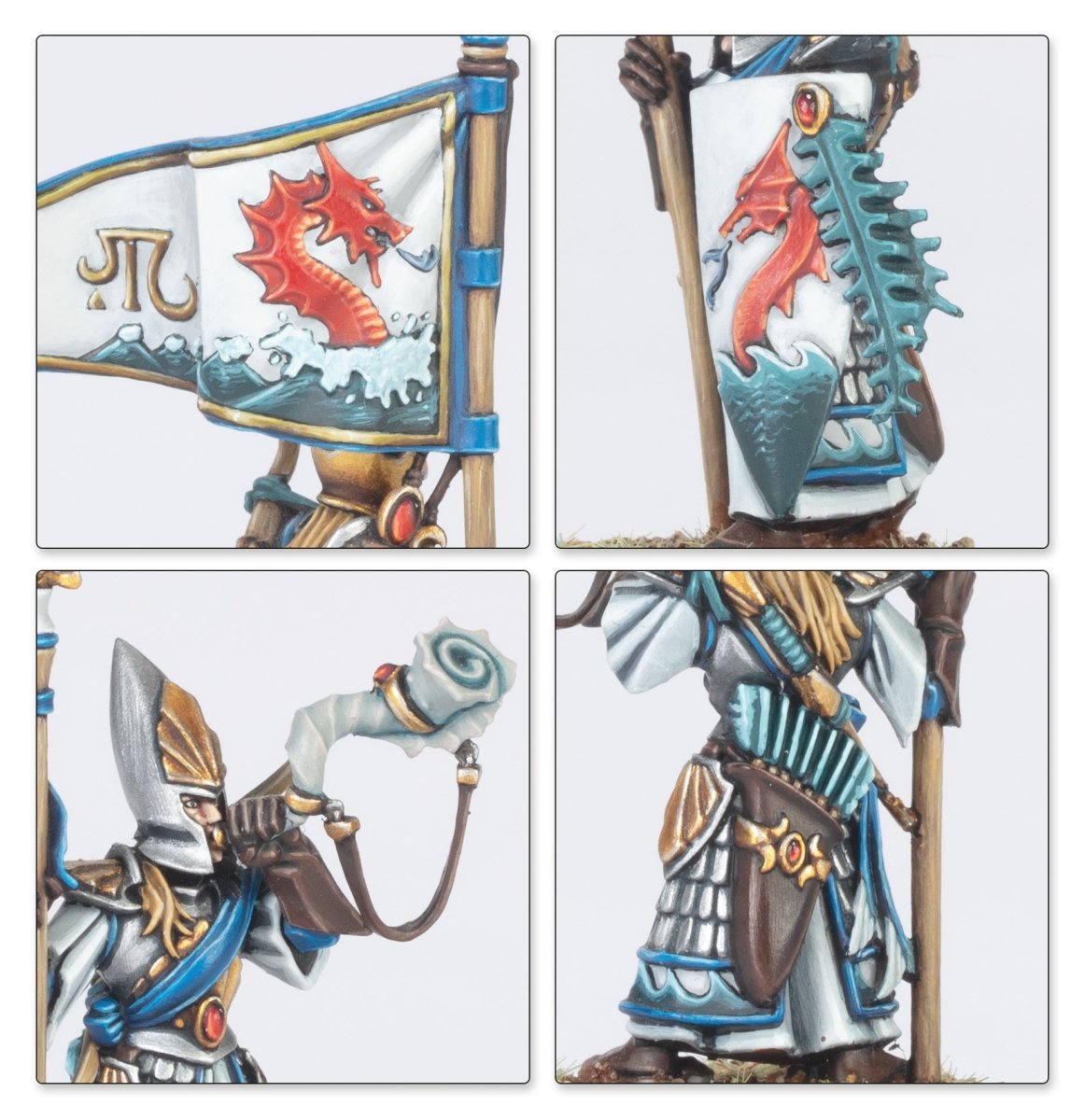 Close-ups of painted Lothern Sea Guard: dragon banner, horn and armour detail