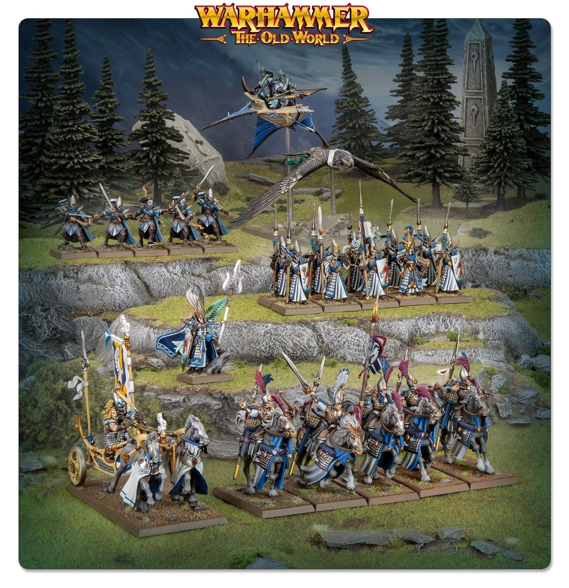 Painted High Elf Realms Battle March army deployed on a woodland battlefield scene