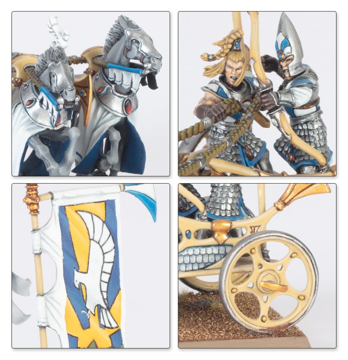 Close-ups of the painted Tiranoc Chariot: horses, crew, banner and golden wheel