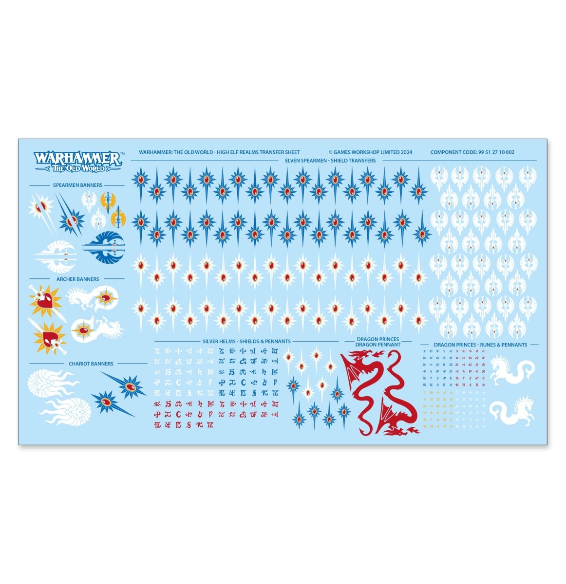 High Elf Realms transfer sheet with heraldry, dragon and banner designs, Warhammer: The Old World