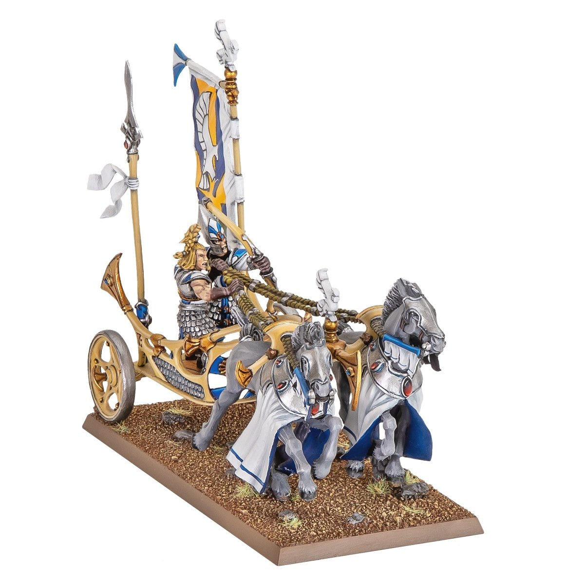Painted High Elf Tiranoc Chariot pulled by two white horses with a crewman and banner
