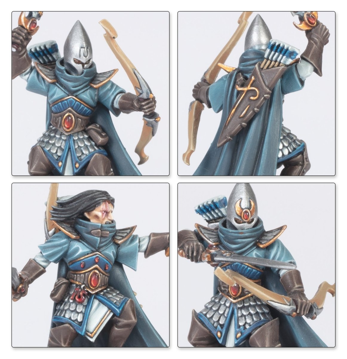 Close-ups of painted Shadow Warriors with bows, hoods and masked faces, High Elf Realms